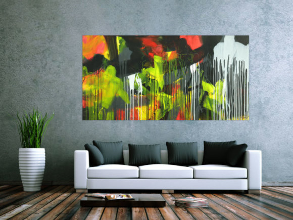 Gemälde Original abstrakt 100x200cm Action Painting expressionistisch auf Leinwand Mischtechnik schwarz weiß gelb hochwertig