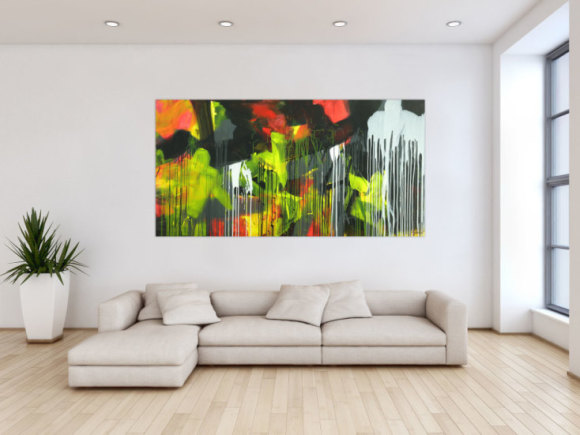 Gemälde Original abstrakt 100x200cm Action Painting expressionistisch auf Leinwand Mischtechnik schwarz weiß gelb hochwertig