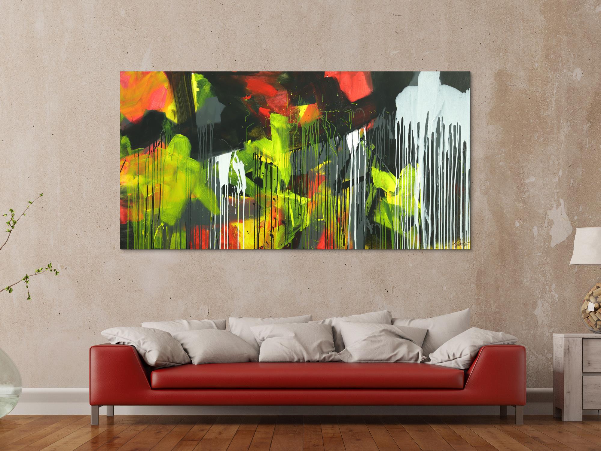 Gemälde Original abstrakt 100x200cm Action Painting expressionistisch auf Leinwand Mischtechnik schwarz weiß gelb hochwertig