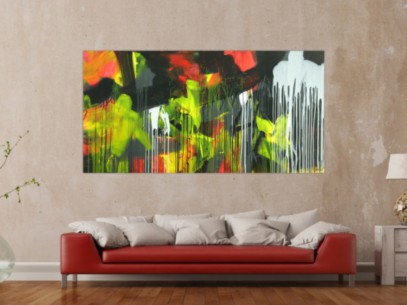 Gemälde Original abstrakt 100x200cm Action Painting expressionistisch auf Leinwand Mischtechnik schwarz weiß gelb hochwertig