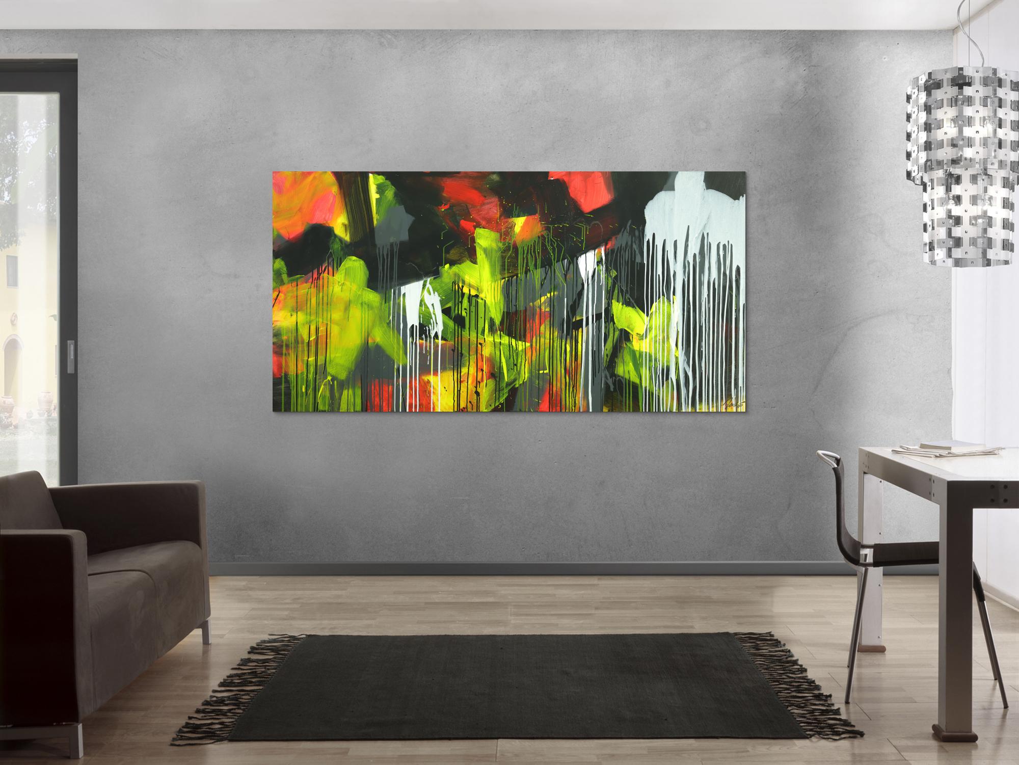 Gemälde Original abstrakt 100x200cm Action Painting expressionistisch auf Leinwand Mischtechnik schwarz weiß gelb hochwertig