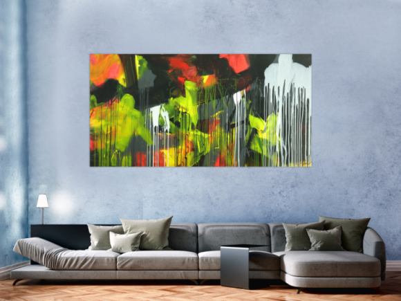 Gemälde Original abstrakt 100x200cm Action Painting expressionistisch auf Leinwand Mischtechnik schwarz weiß gelb hochwertig