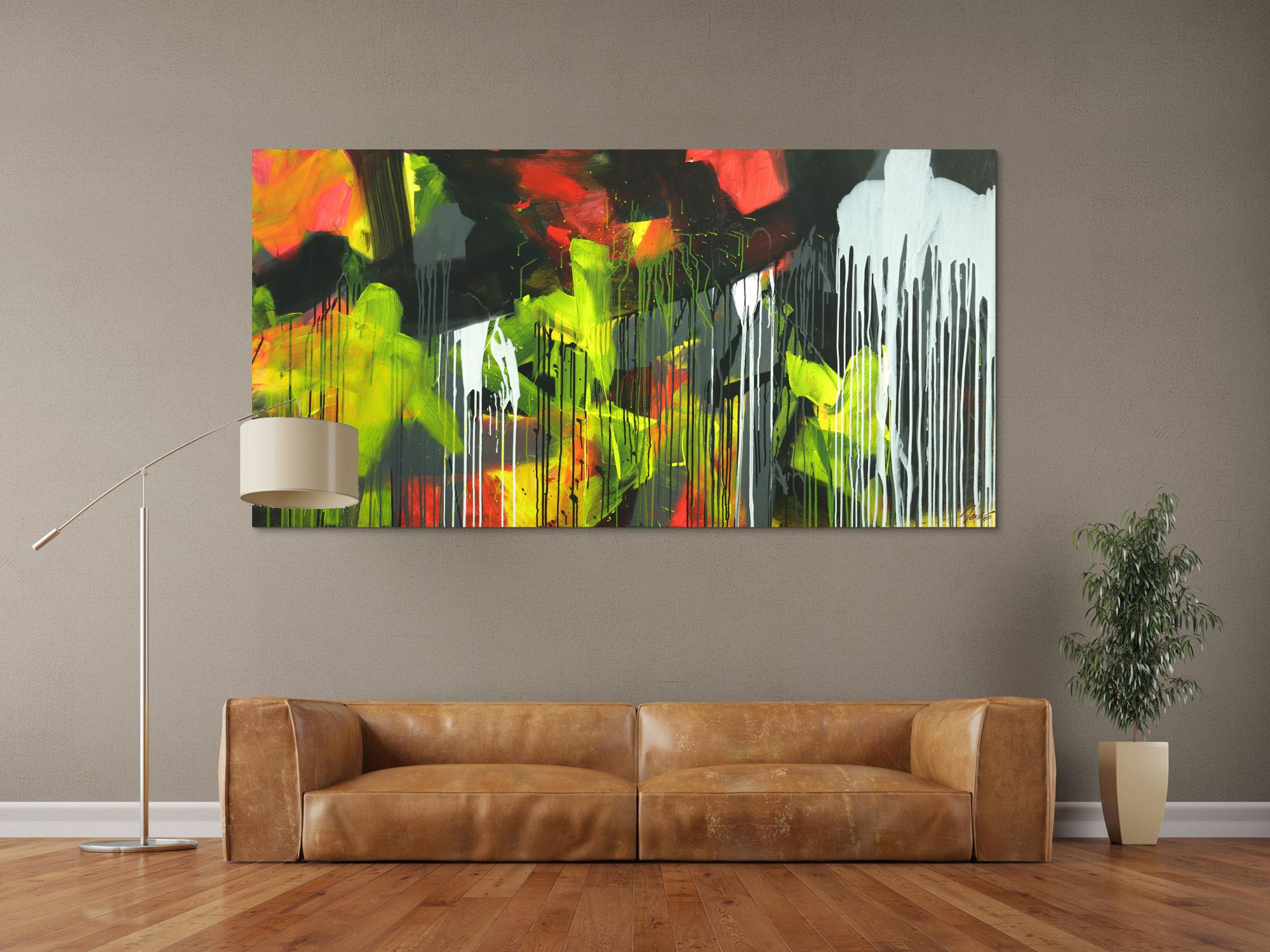 Gemälde Original abstrakt 100x200cm Action Painting expressionistisch auf Leinwand Mischtechnik schwarz weiß gelb hochwertig