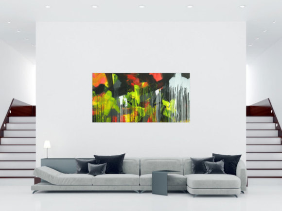 Gemälde Original abstrakt 100x200cm Action Painting expressionistisch auf Leinwand Mischtechnik schwarz weiß gelb hochwertig