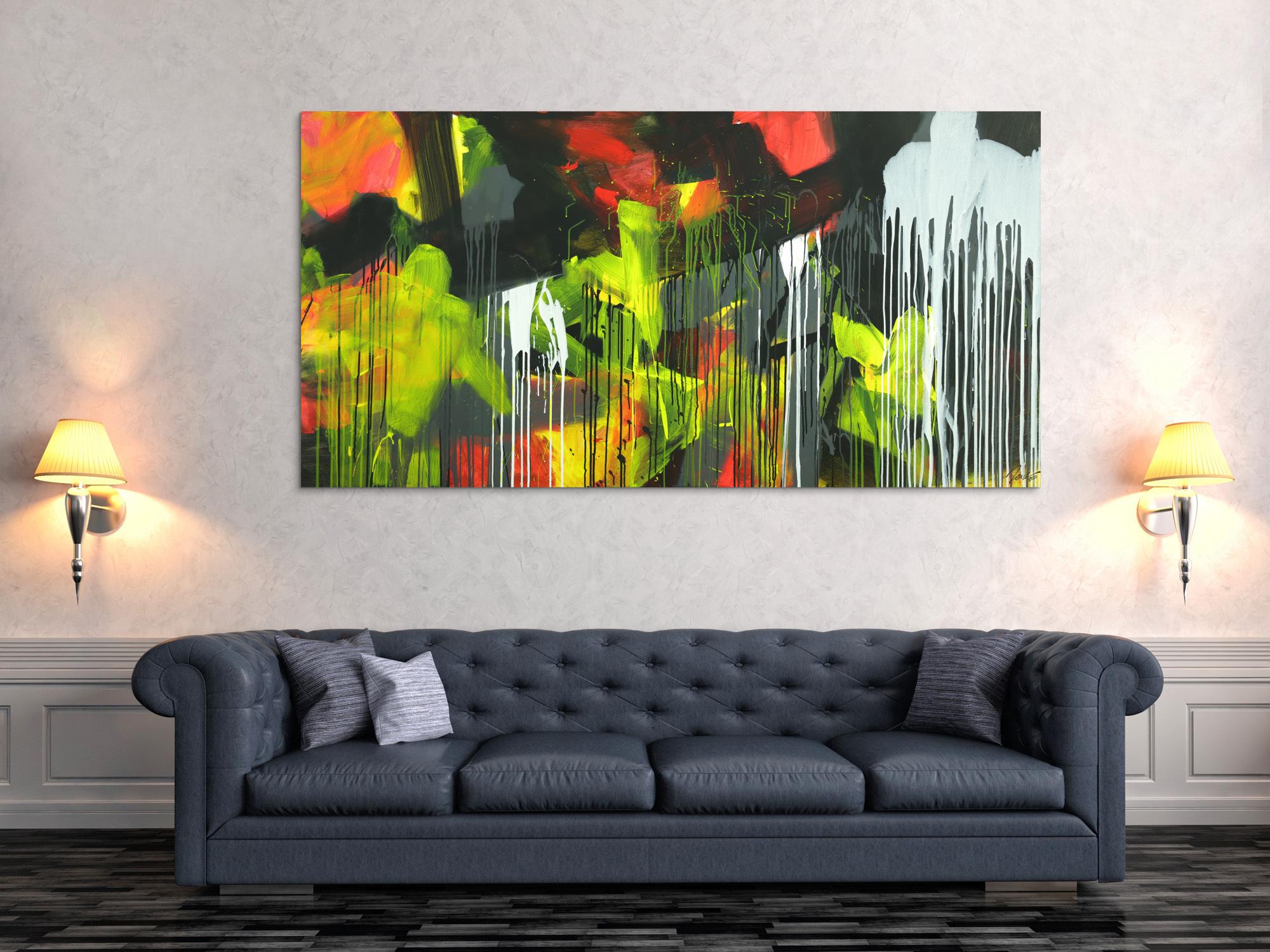 Gemälde Original abstrakt 100x200cm Action Painting expressionistisch auf Leinwand Mischtechnik schwarz weiß gelb hochwertig