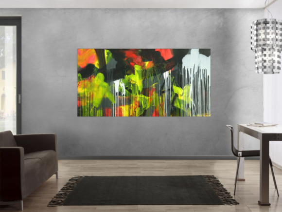 Gemälde Original abstrakt 100x200cm Action Painting expressionistisch auf Leinwand Mischtechnik schwarz weiß gelb hochwertig