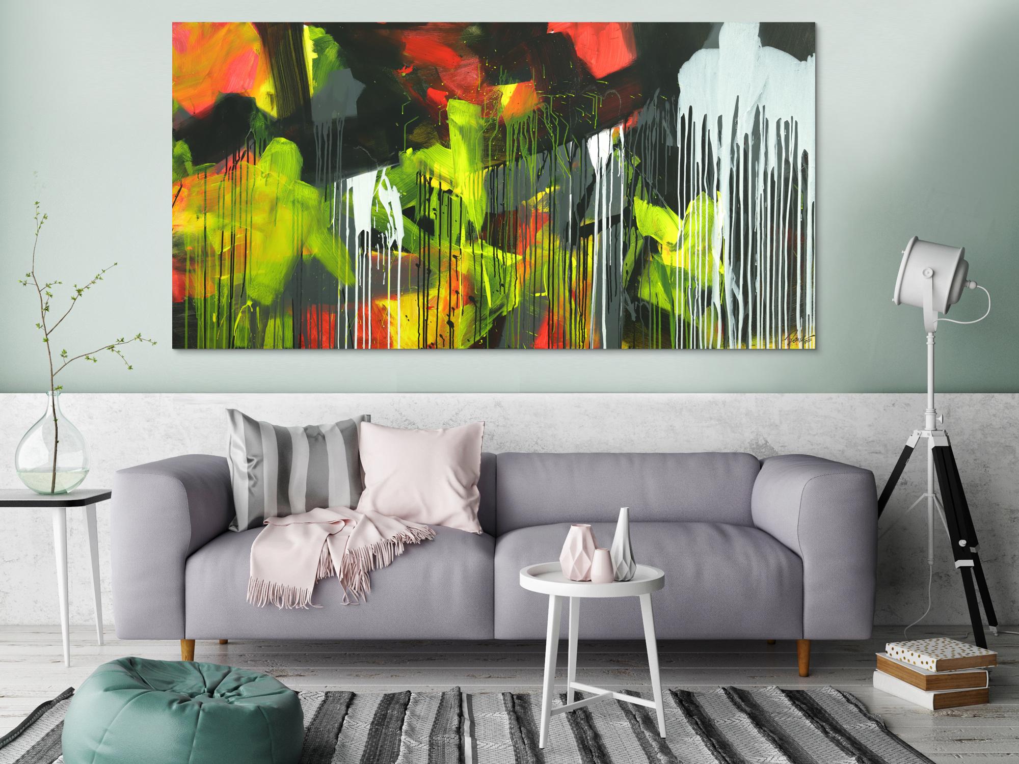 Gemälde Original abstrakt 100x200cm Action Painting expressionistisch auf Leinwand Mischtechnik schwarz weiß gelb hochwertig