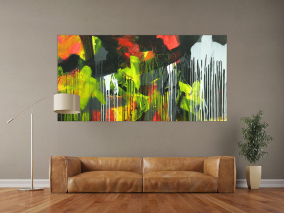 Gemälde Original abstrakt 100x200cm Action Painting expressionistisch auf Leinwand Mischtechnik schwarz weiß gelb hochwertig