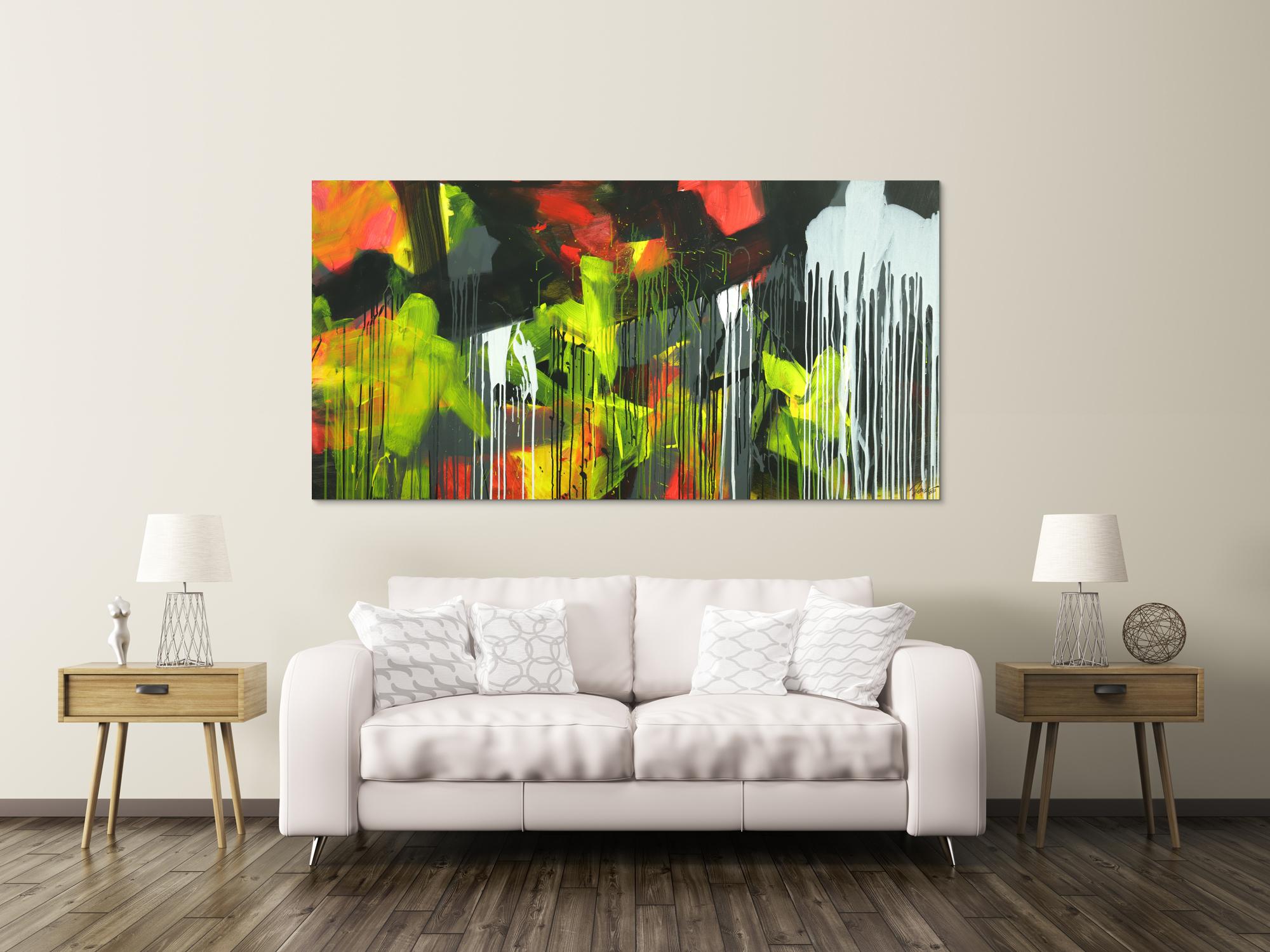 Gemälde Original abstrakt 100x200cm Action Painting expressionistisch auf Leinwand Mischtechnik schwarz weiß gelb hochwertig