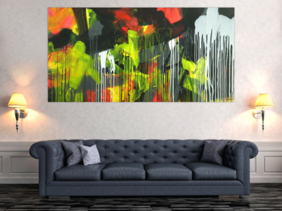 Gemälde Original abstrakt 100x200cm Action Painting expressionistisch auf Leinwand Mischtechnik schwarz weiß gelb hochwertig