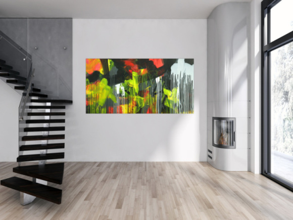 Gemälde Original abstrakt 100x200cm Action Painting expressionistisch auf Leinwand Mischtechnik schwarz weiß gelb hochwertig