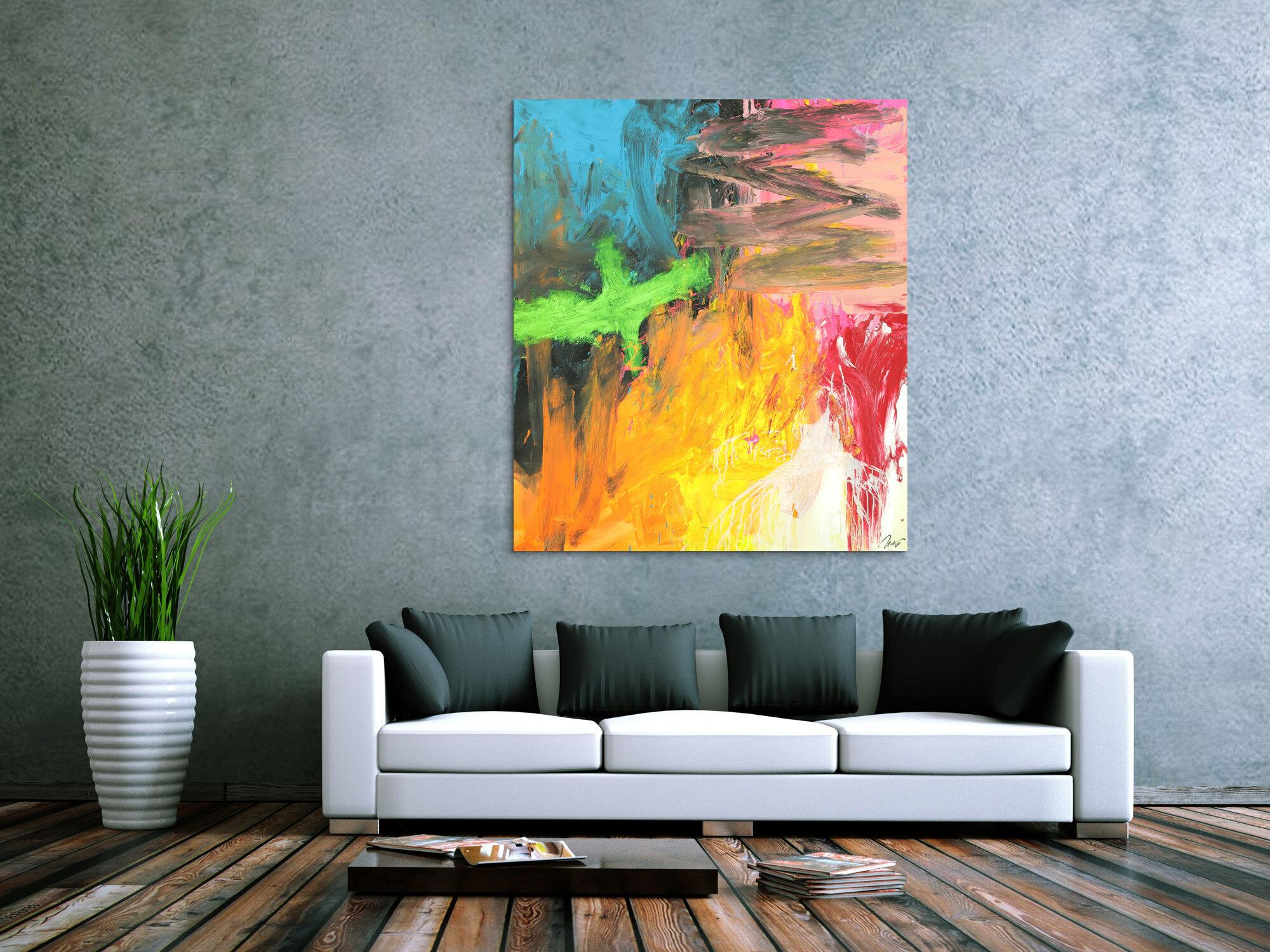 Original Gemälde abstrakt 150x130cm Mischtechnik Modern Art handgefertigt  gelb orange anthrazit Unikat
