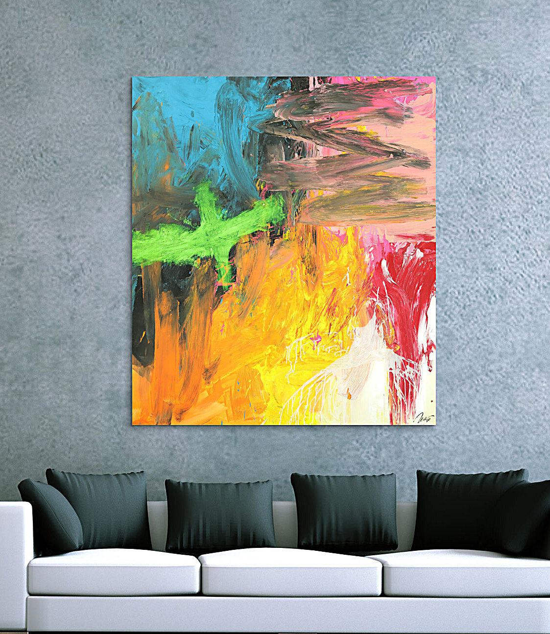 Original Gemälde abstrakt 150x130cm Mischtechnik Modern Art handgefertigt gelb orange anthrazit Unikat