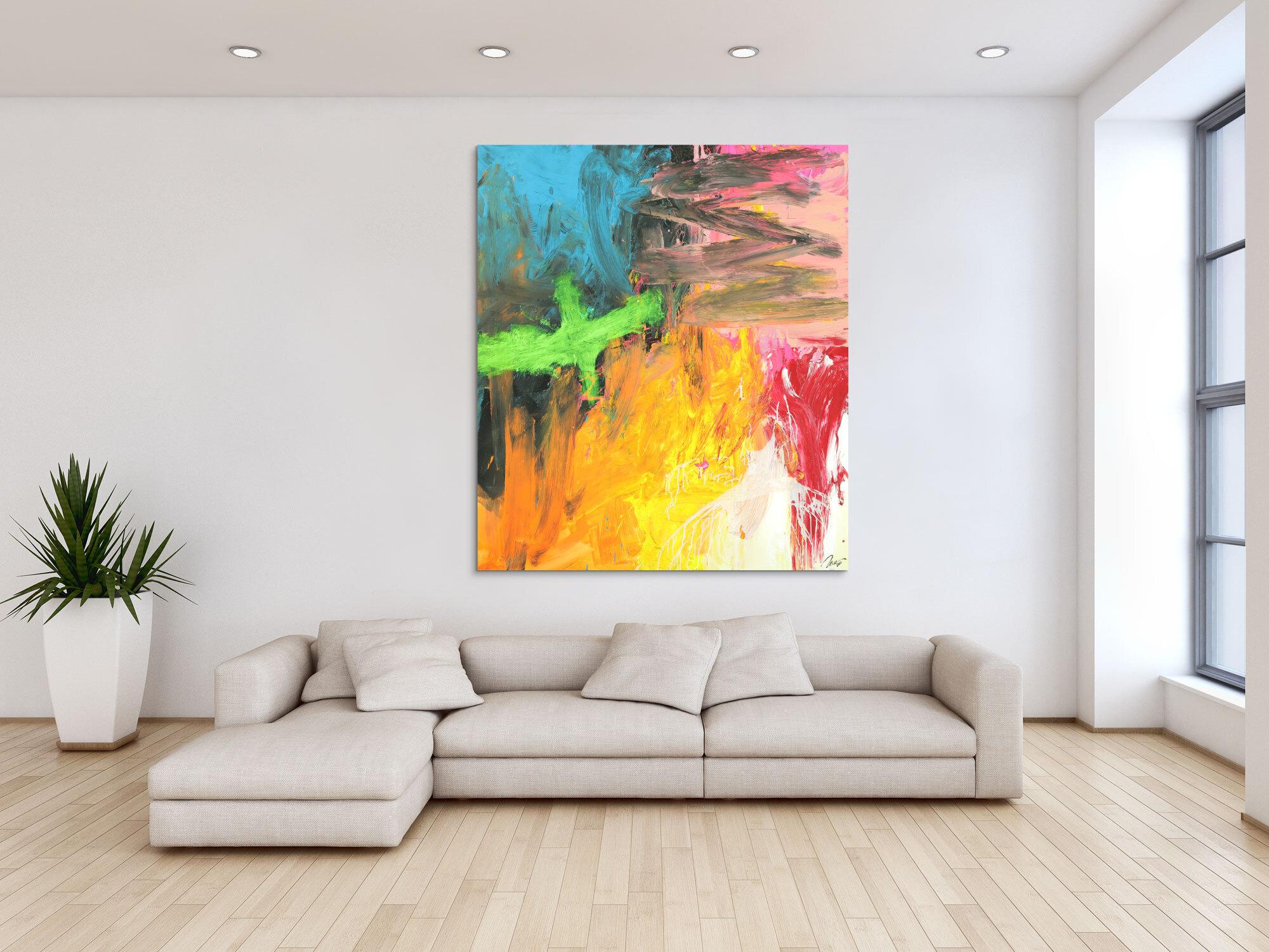 Original Gemälde abstrakt 150x130cm Mischtechnik Modern Art handgefertigt  gelb orange anthrazit Unikat