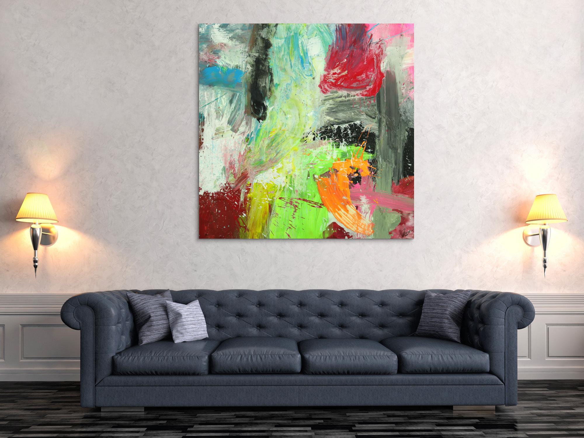 Gemälde Original abstrakt 130x130cm Action Painting Moderne Kunst auf Leinwand Mischtechnik weiß beige braun einzigartig