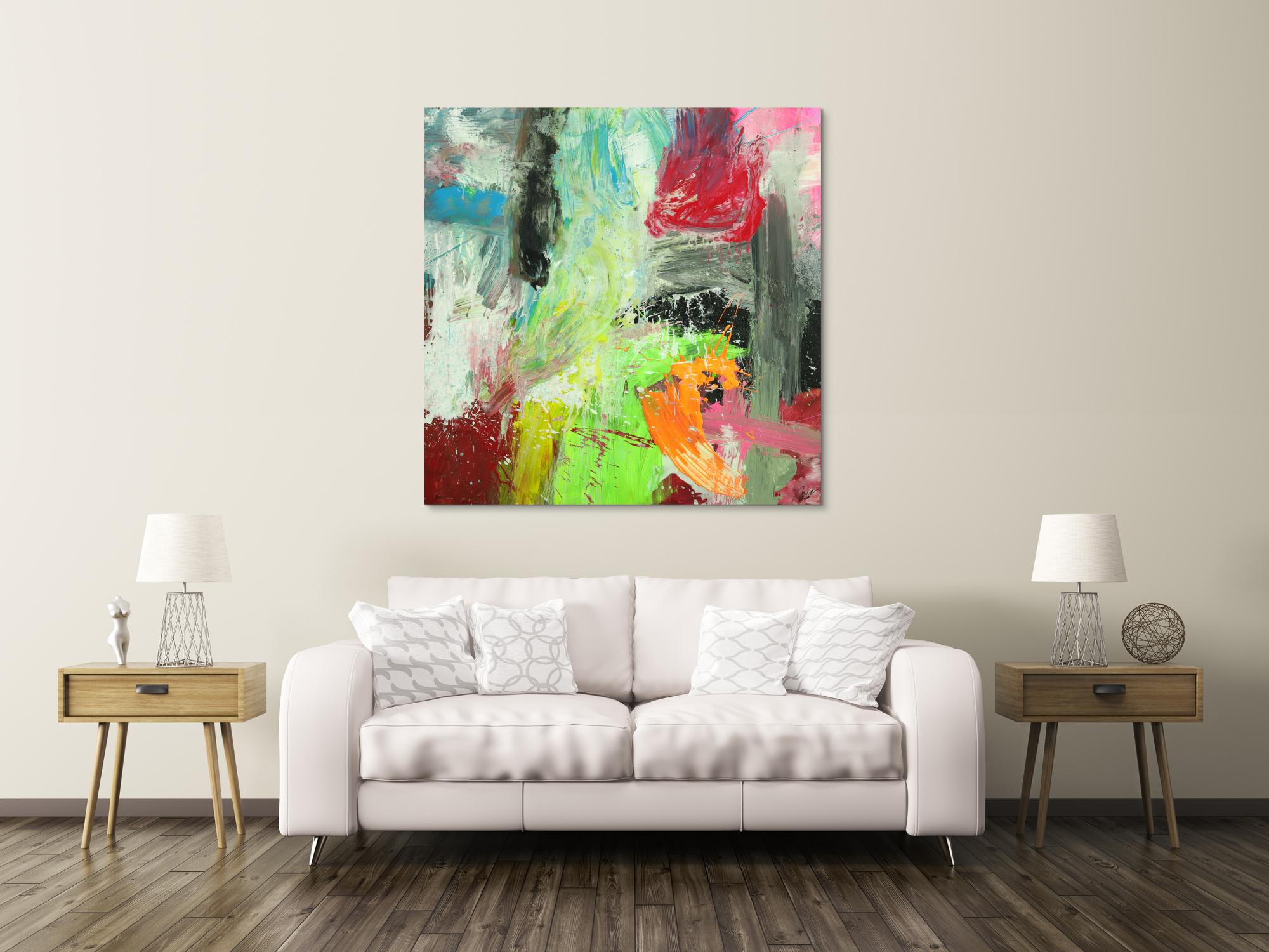 Gemälde Original abstrakt 130x130cm Action Painting Moderne Kunst auf Leinwand Mischtechnik weiß beige braun einzigartig