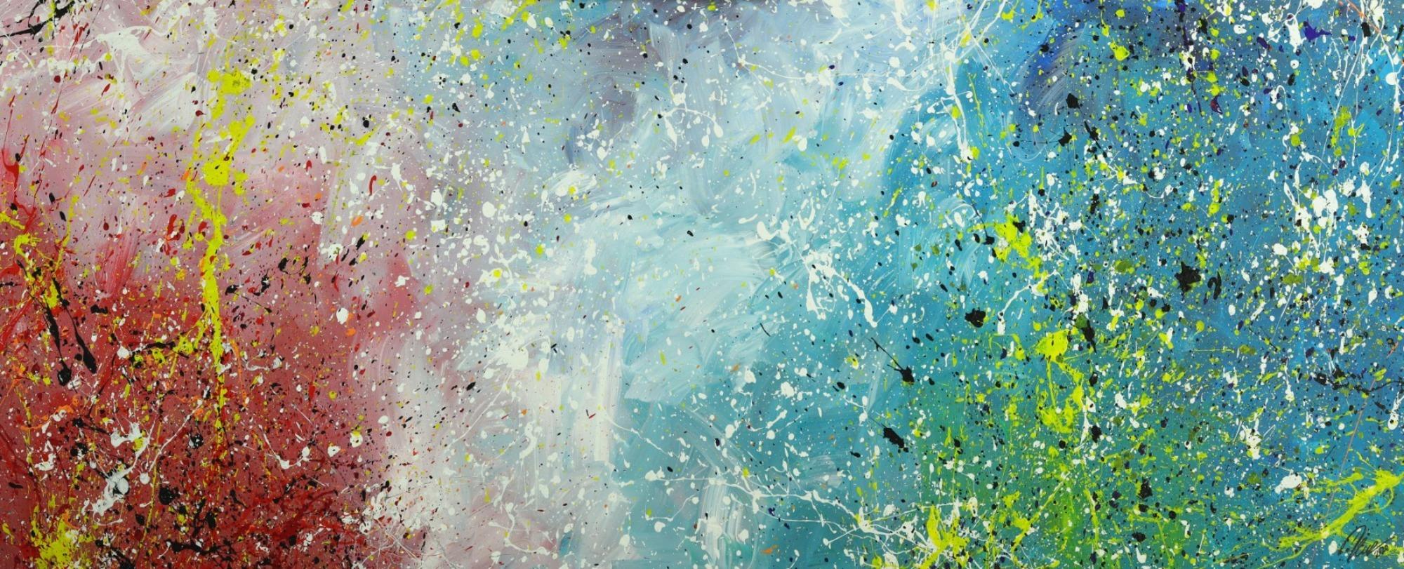 Original Gemälde abstrakt 80x200cm Action Painting Moderne Kunst handgefertigt Mischtechnik blau rot weiss einzigartig