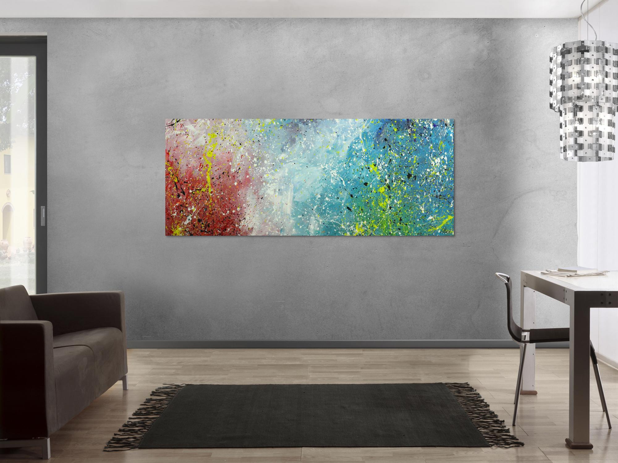 Original Gemälde abstrakt 80x200cm Action Painting Moderne Kunst handgefertigt Mischtechnik blau rot weiss einzigartig