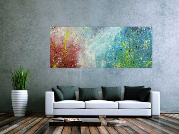 Original Gemälde abstrakt 80x200cm Action Painting Moderne Kunst handgefertigt Mischtechnik blau rot weiss einzigartig