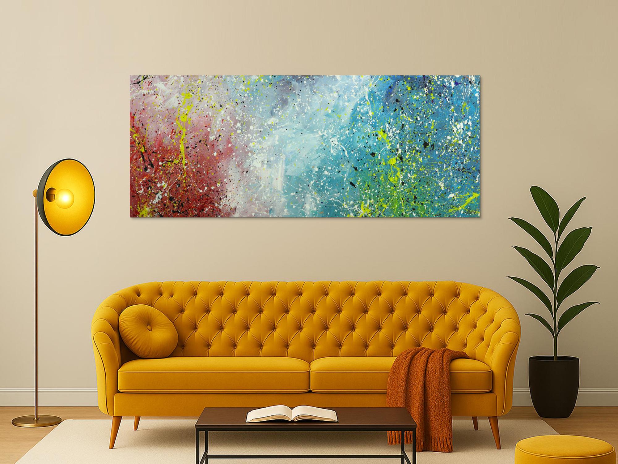 Original Gemälde abstrakt 80x200cm Action Painting Moderne Kunst handgefertigt Mischtechnik blau rot weiss einzigartig