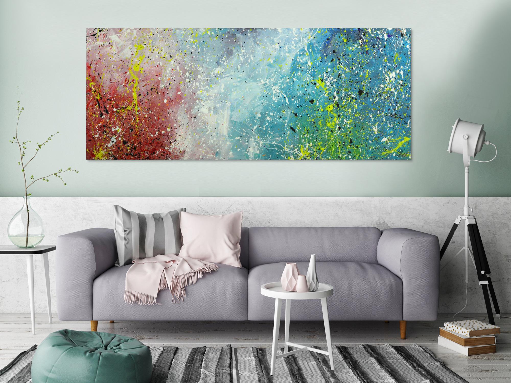 Original Gemälde abstrakt 80x200cm Action Painting Moderne Kunst handgefertigt Mischtechnik blau rot weiss einzigartig