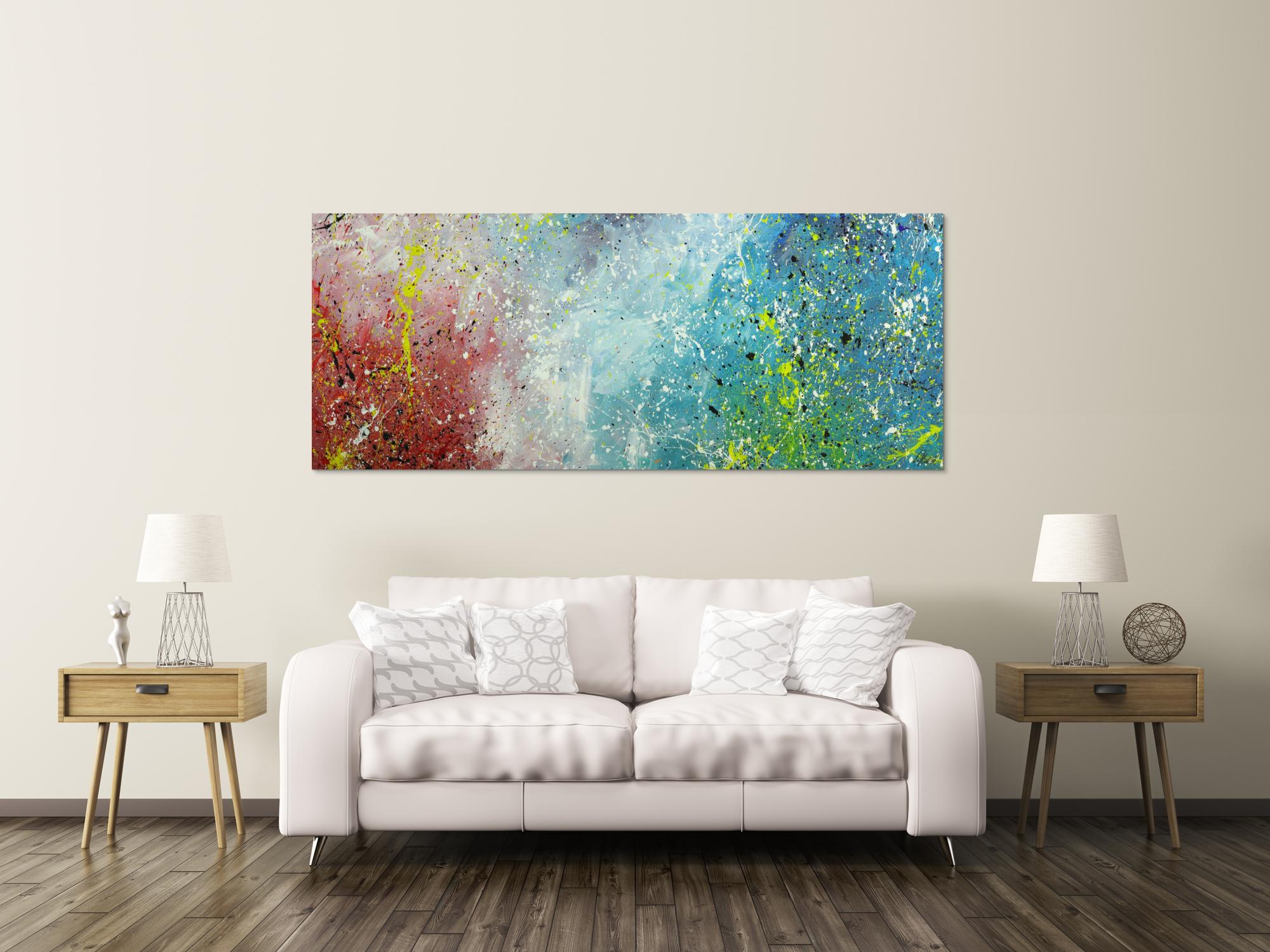 Original Gemälde abstrakt 80x200cm Action Painting Moderne Kunst handgefertigt Mischtechnik blau rot weiss einzigartig