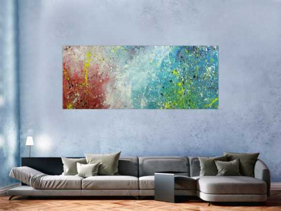 Original Gemälde abstrakt 80x200cm Action Painting Moderne Kunst handgefertigt Mischtechnik blau rot weiss einzigartig