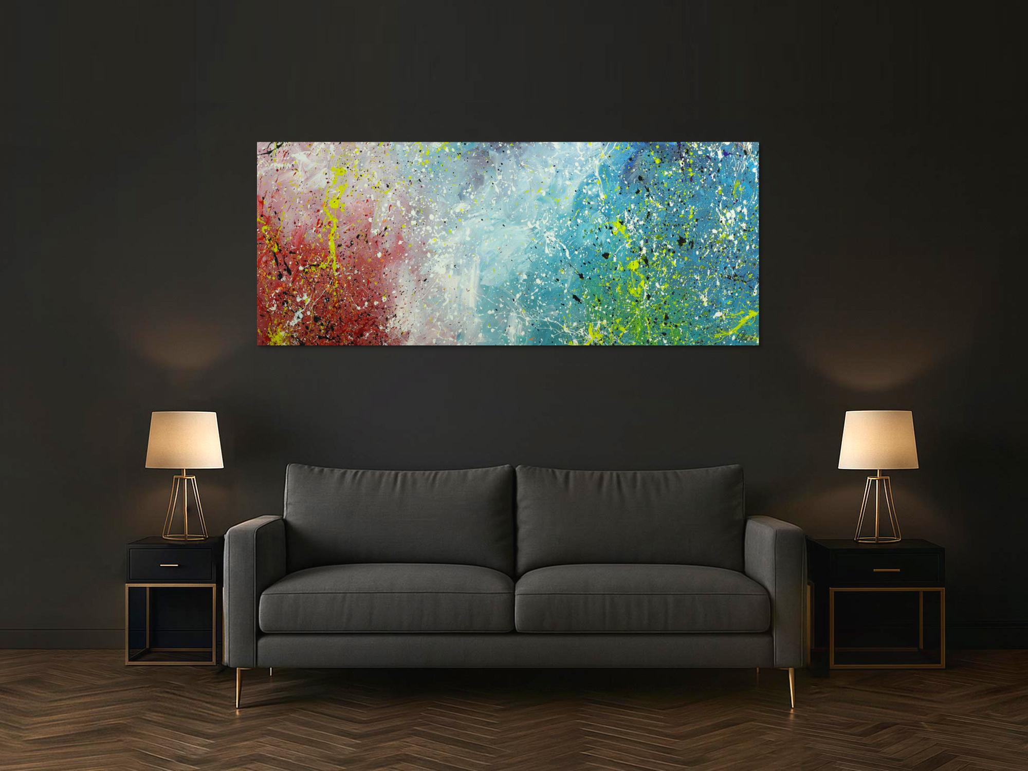 Original Gemälde abstrakt 80x200cm Action Painting Moderne Kunst handgefertigt Mischtechnik blau rot weiss einzigartig