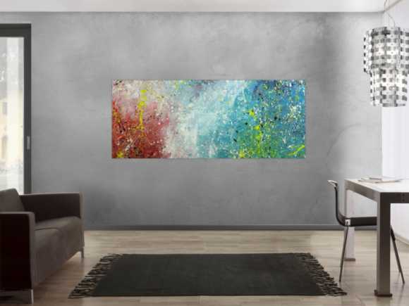 Original Gemälde abstrakt 80x200cm Action Painting Moderne Kunst handgefertigt Mischtechnik blau rot weiss einzigartig