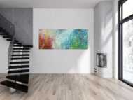 Original Gemälde abstrakt 80x200cm Action Painting Moderne Kunst handgefertigt Mischtechnik blau rot weiss einzigartig