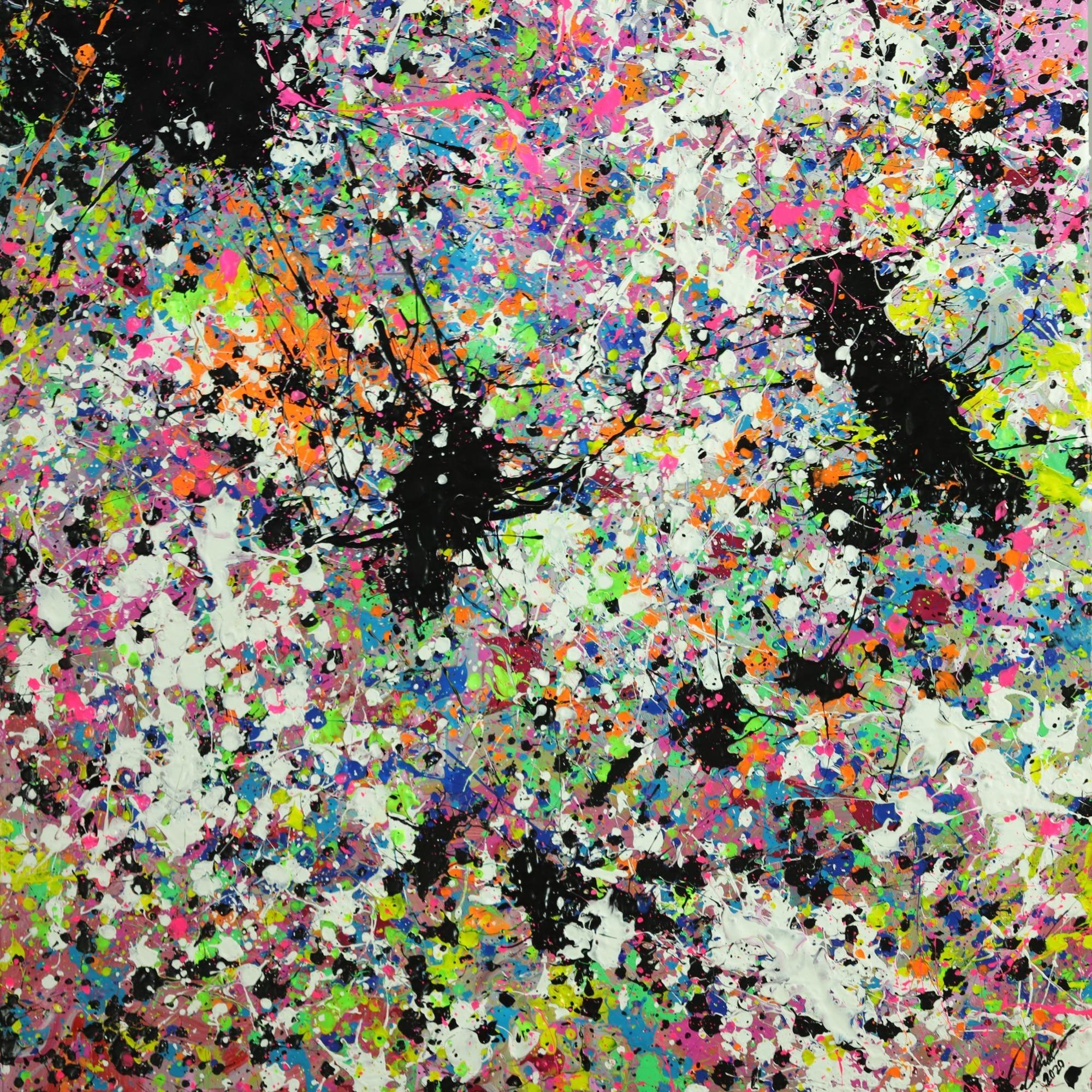 Abstraktes Original Gemälde 100x100cm Action Painting zeitgenössisch handgemalt Mischtechnik weis bunt etwas neon Unikat