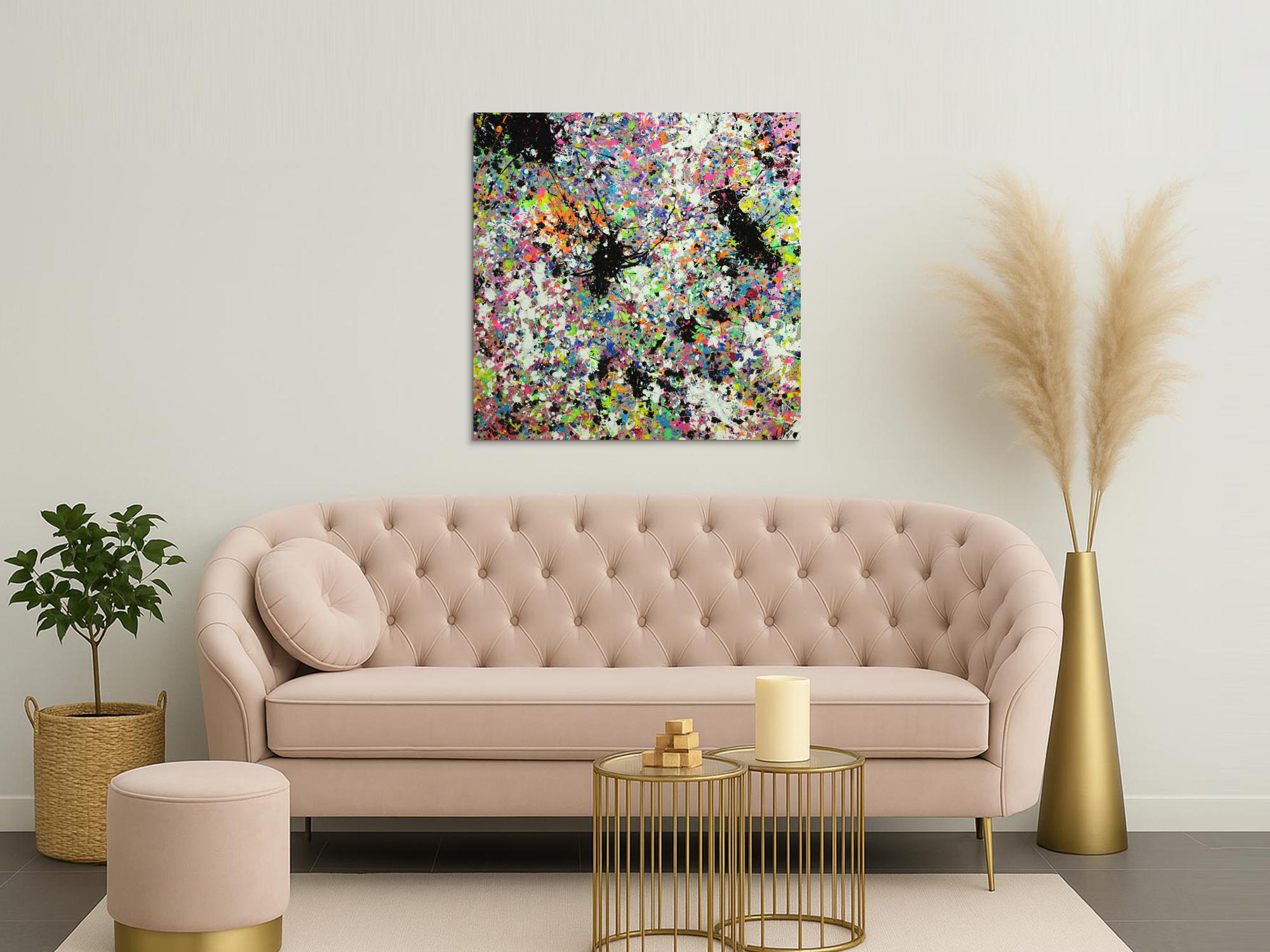 Abstraktes Original Gemälde 100x100cm Action Painting zeitgenössisch handgemalt Mischtechnik weis bunt etwas neon Unikat