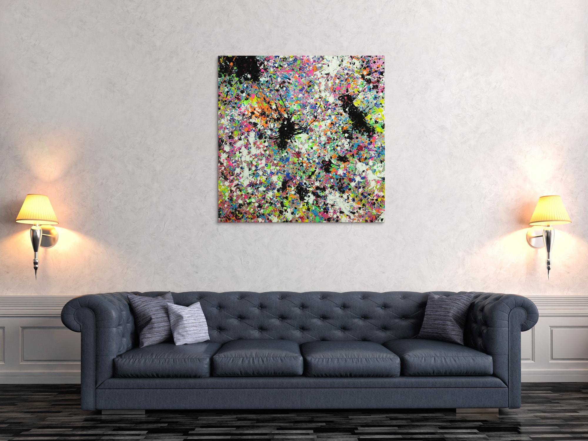 Abstraktes Original Gemälde 100x100cm Action Painting zeitgenössisch handgemalt Mischtechnik weis bunt etwas neon Unikat