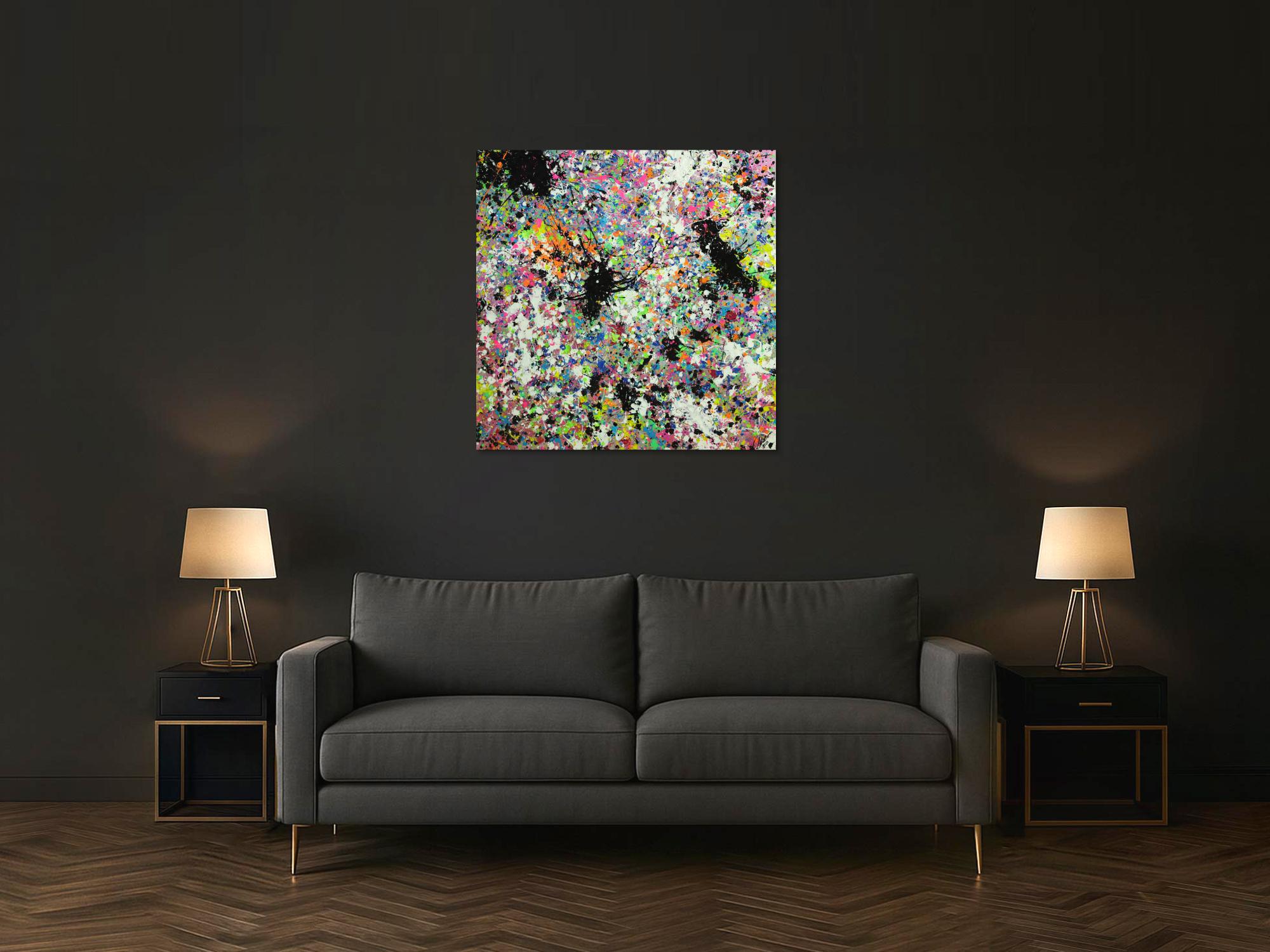 Abstraktes Original Gemälde 100x100cm Action Painting zeitgenössisch handgemalt Mischtechnik weis bunt etwas neon Unikat