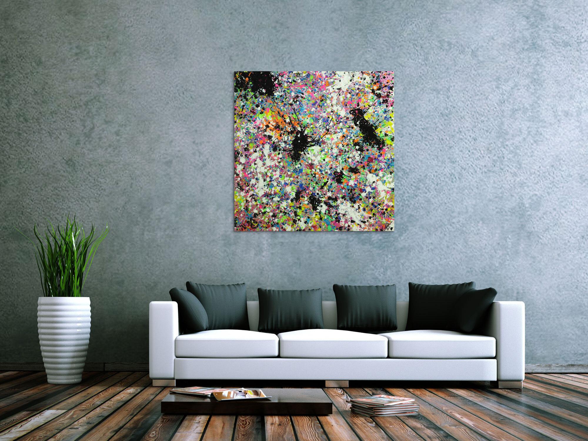 Abstraktes Original Gemälde 100x100cm Action Painting zeitgenössisch handgemalt Mischtechnik weis bunt etwas neon Unikat