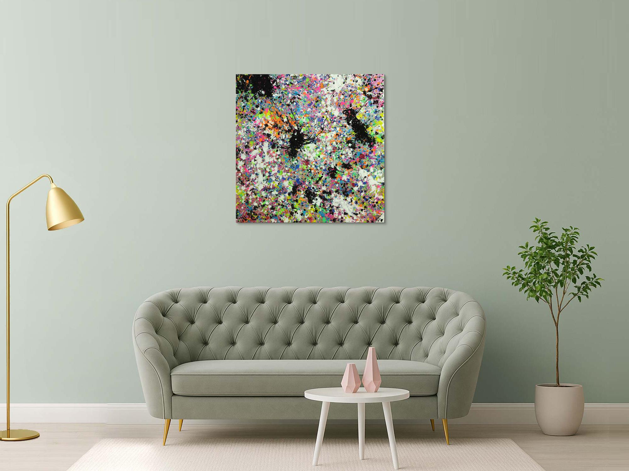 Abstraktes Original Gemälde 100x100cm Action Painting zeitgenössisch handgemalt Mischtechnik weis bunt etwas neon Unikat