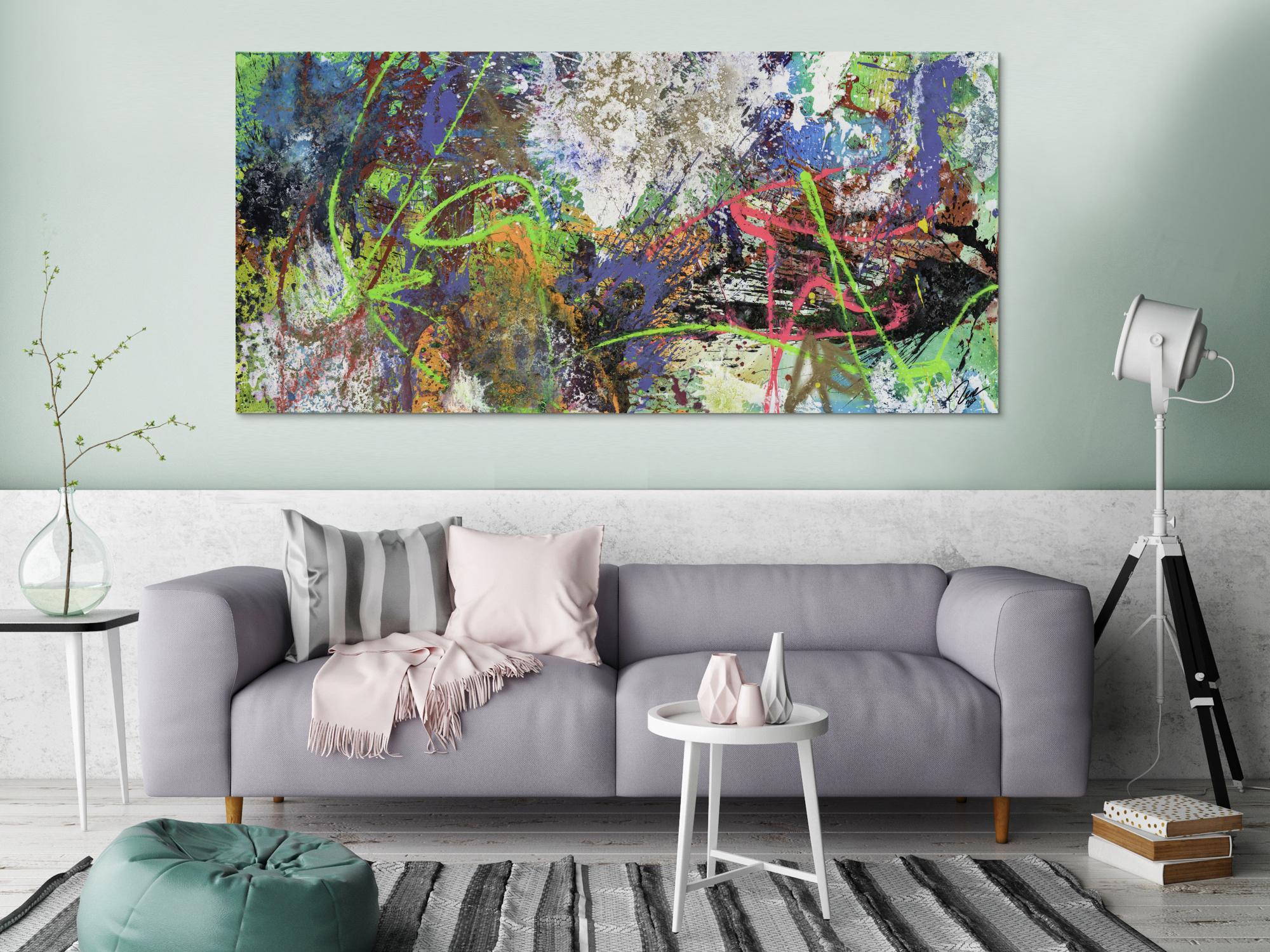 Gemälde Original abstrakt 90x190cm Action Painting expressionistisch handgemalt Mischtechnik schwarz anthrazit weiß Einzelstück