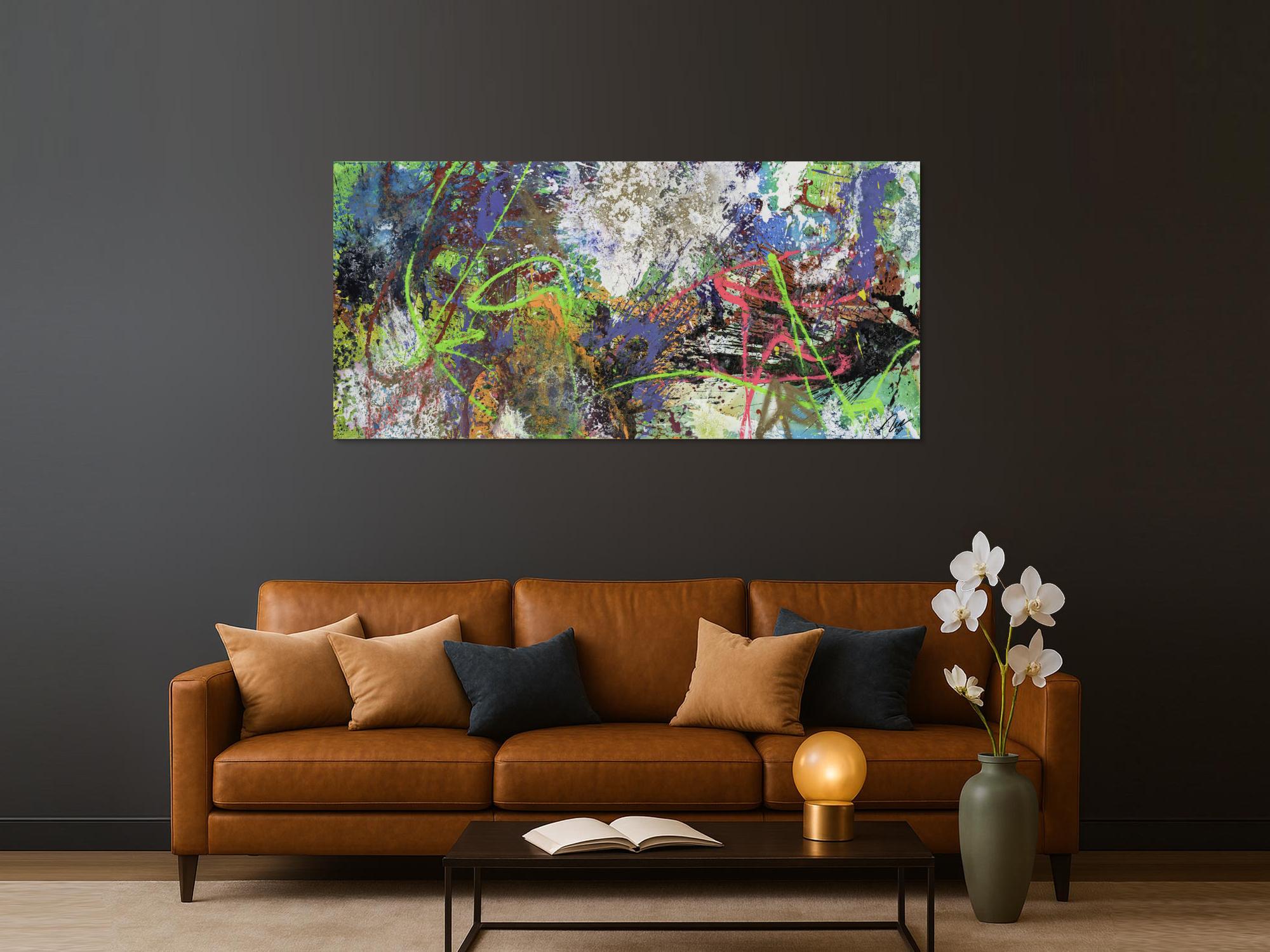 Gemälde Original abstrakt 90x190cm Action Painting expressionistisch handgemalt Mischtechnik schwarz anthrazit weiß Einzelstück