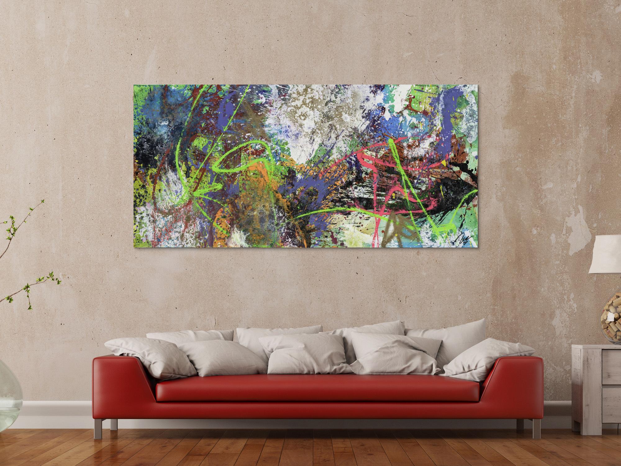 Gemälde Original abstrakt 90x190cm Action Painting expressionistisch handgemalt Mischtechnik schwarz anthrazit weiß Einzelstück