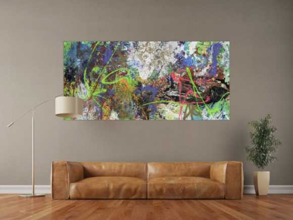 Gemälde Original abstrakt 90x190cm Action Painting expressionistisch handgemalt Mischtechnik schwarz anthrazit weiß Einzelstück