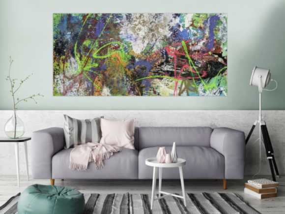 Gemälde Original abstrakt 90x190cm Action Painting expressionistisch handgemalt Mischtechnik schwarz anthrazit weiß Einzelstück