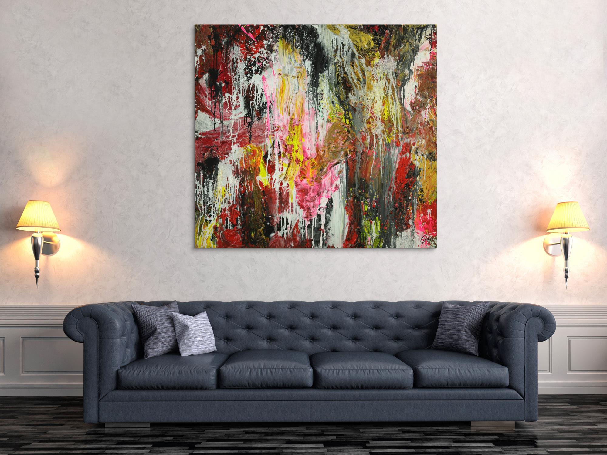 Abstraktes Original Gemälde 130x140cm Action Painting zeitgenössisch auf Leinwand Mischtechnik braun schwarz beige Einzelstück