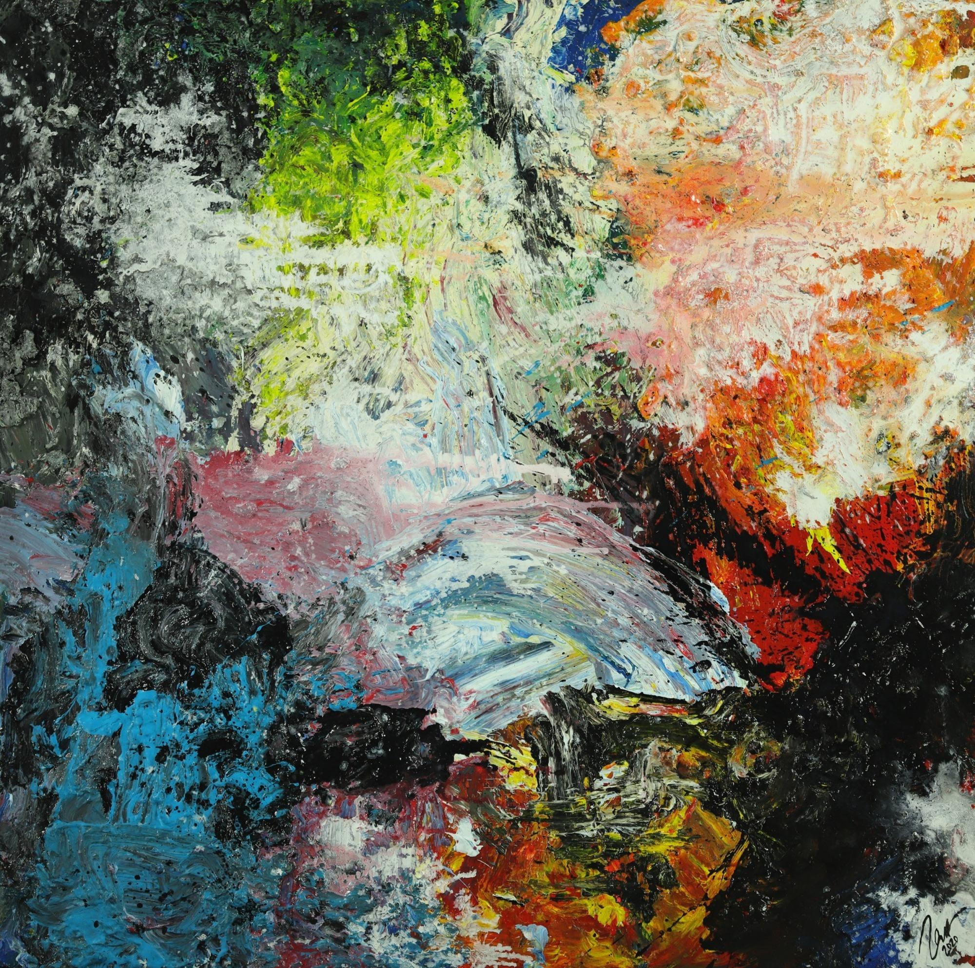 Abstraktes Original Gemälde 130x130cm Action Painting Modern Art handgefertigt Mischtechnik schwarz beige anthrazit Einzelstück