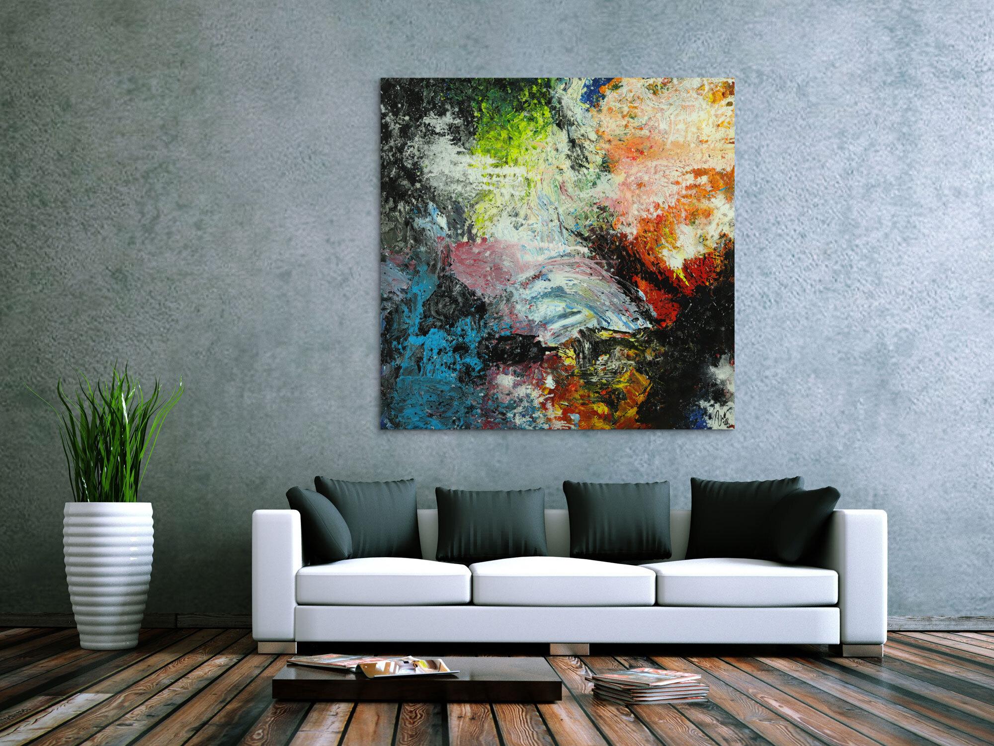 Abstraktes Original Gemälde 130x130cm Action Painting Modern Art handgefertigt Mischtechnik schwarz beige anthrazit Einzelstück