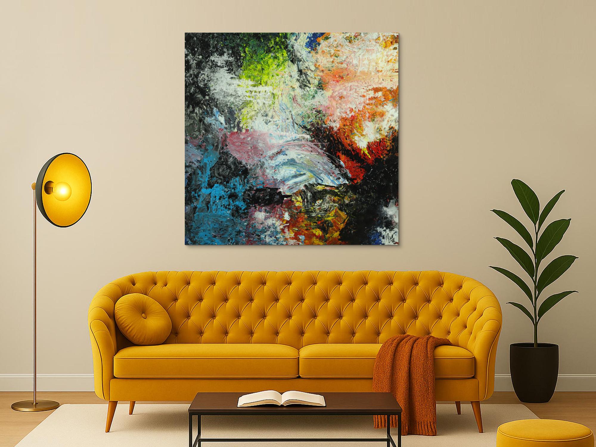 Abstraktes Original Gemälde 130x130cm Action Painting Modern Art handgefertigt Mischtechnik schwarz beige anthrazit Einzelstück