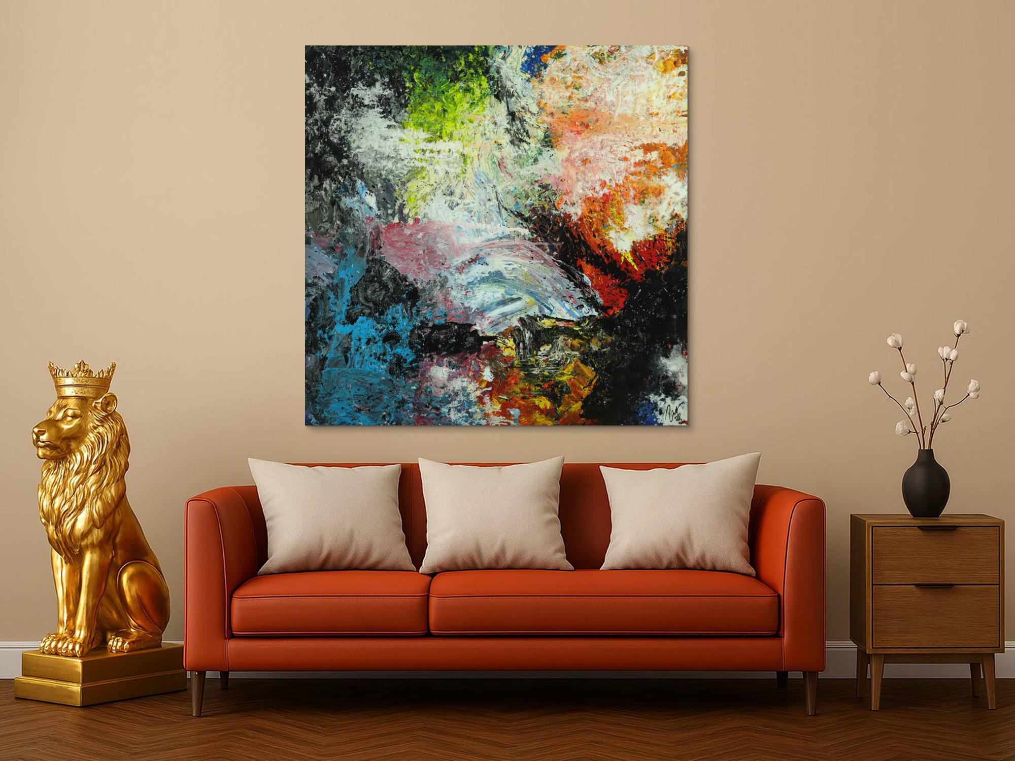 Abstraktes Original Gemälde 130x130cm Action Painting Modern Art handgefertigt Mischtechnik schwarz beige anthrazit Einzelstück