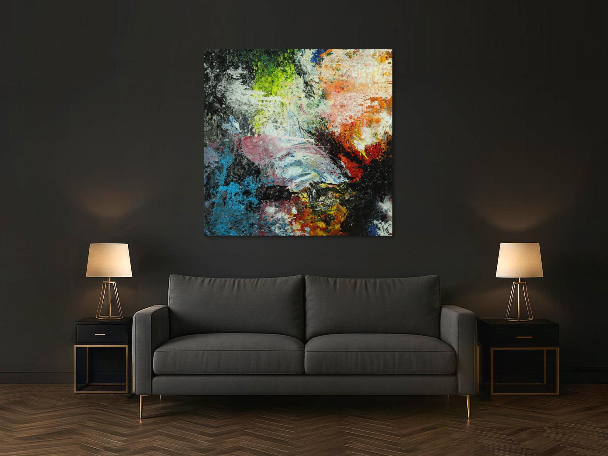 Abstraktes Original Gemälde 130x130cm Action Painting Modern Art handgefertigt Mischtechnik schwarz beige anthrazit Einzelstück