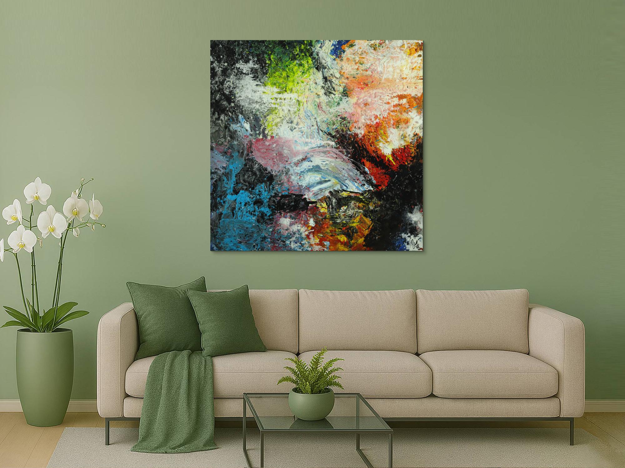 Abstraktes Original Gemälde 130x130cm Action Painting Modern Art handgefertigt Mischtechnik schwarz beige anthrazit Einzelstück