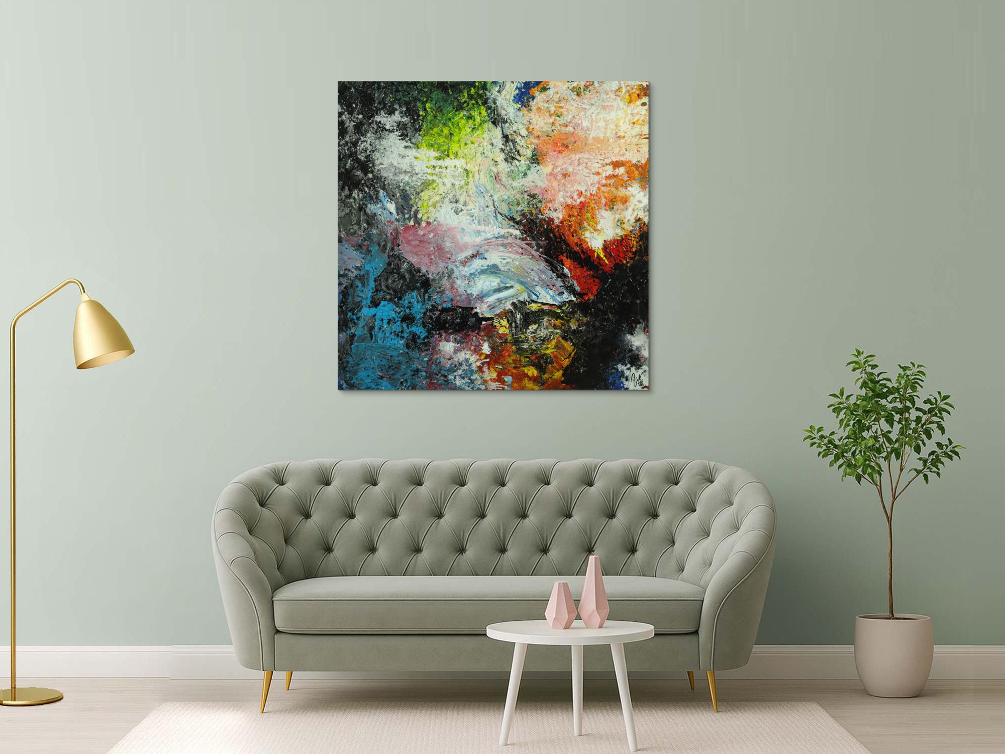 Abstraktes Original Gemälde 130x130cm Action Painting Modern Art handgefertigt Mischtechnik schwarz beige anthrazit Einzelstück