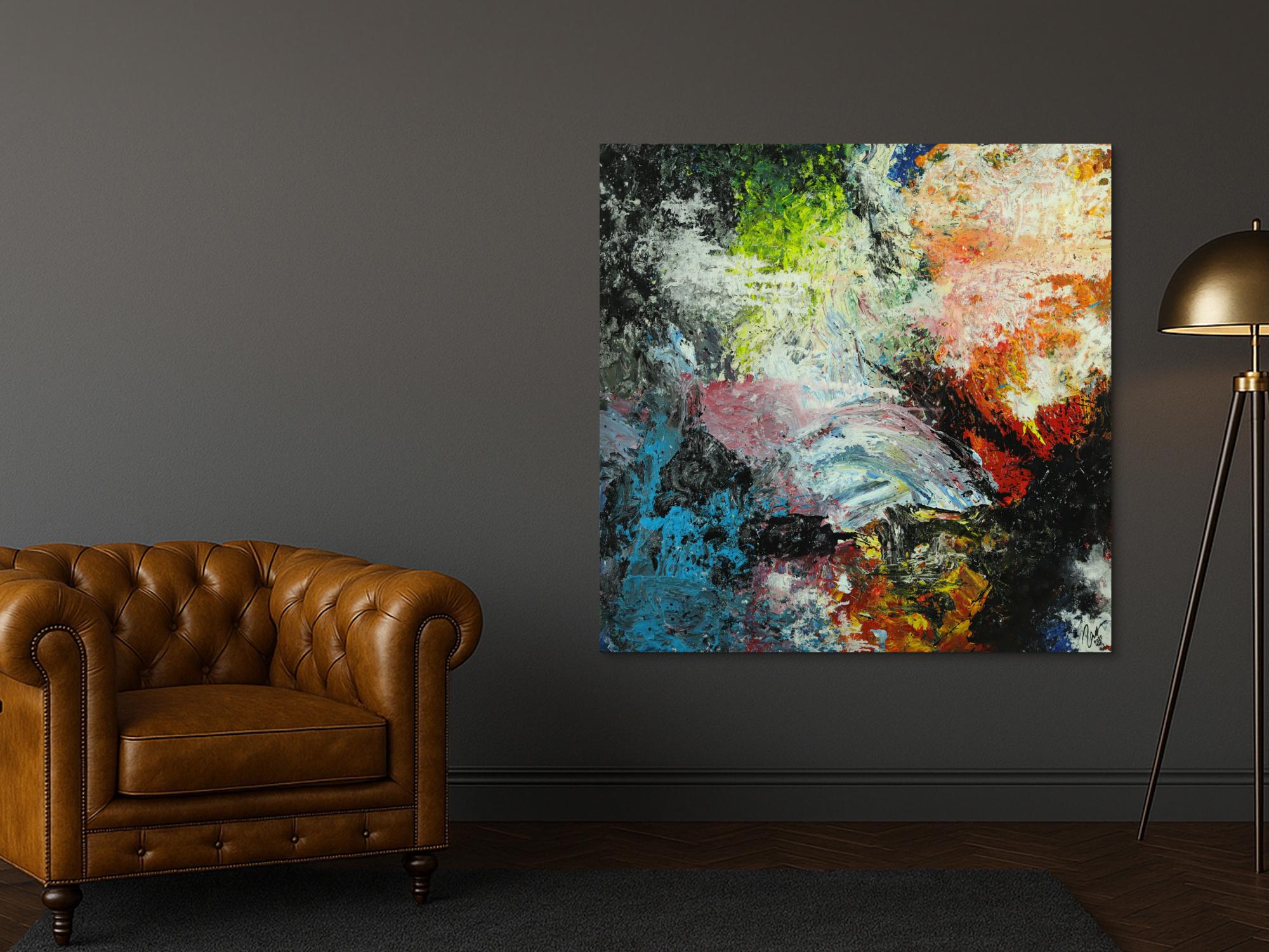 Abstraktes Original Gemälde 130x130cm Action Painting Modern Art handgefertigt Mischtechnik schwarz beige anthrazit Einzelstück